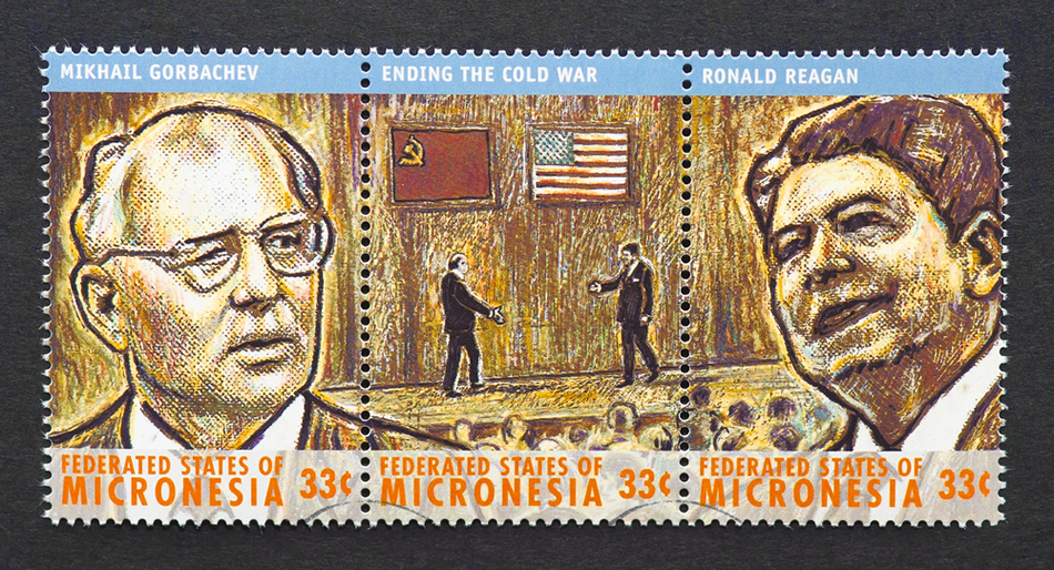 Timbru comemorativ cu preşedinţii Mihail Gorbaciov şi Ronald Reagan.