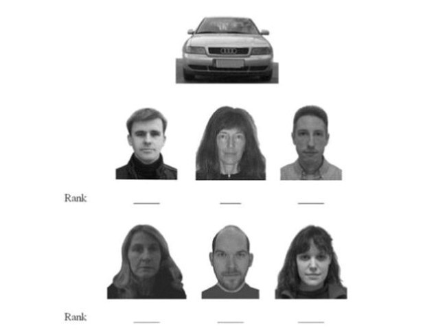 Cine este proprietarul maşinii? Asemenea montaje fotografice au fost folosite în cadrul studiului, arătând că există o probabilitate mare ca „faţa” maşinii să semene cu cea a deţinătorului. (În cazul de faţă, bărbatul din stânga-sus este proprietarul.)