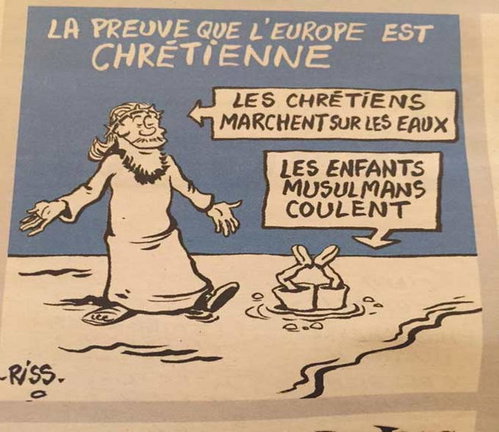 Charlie Hebdo, caricaturi controversate despre băieţelul sirian găsit mort pe o plajă în Turcia